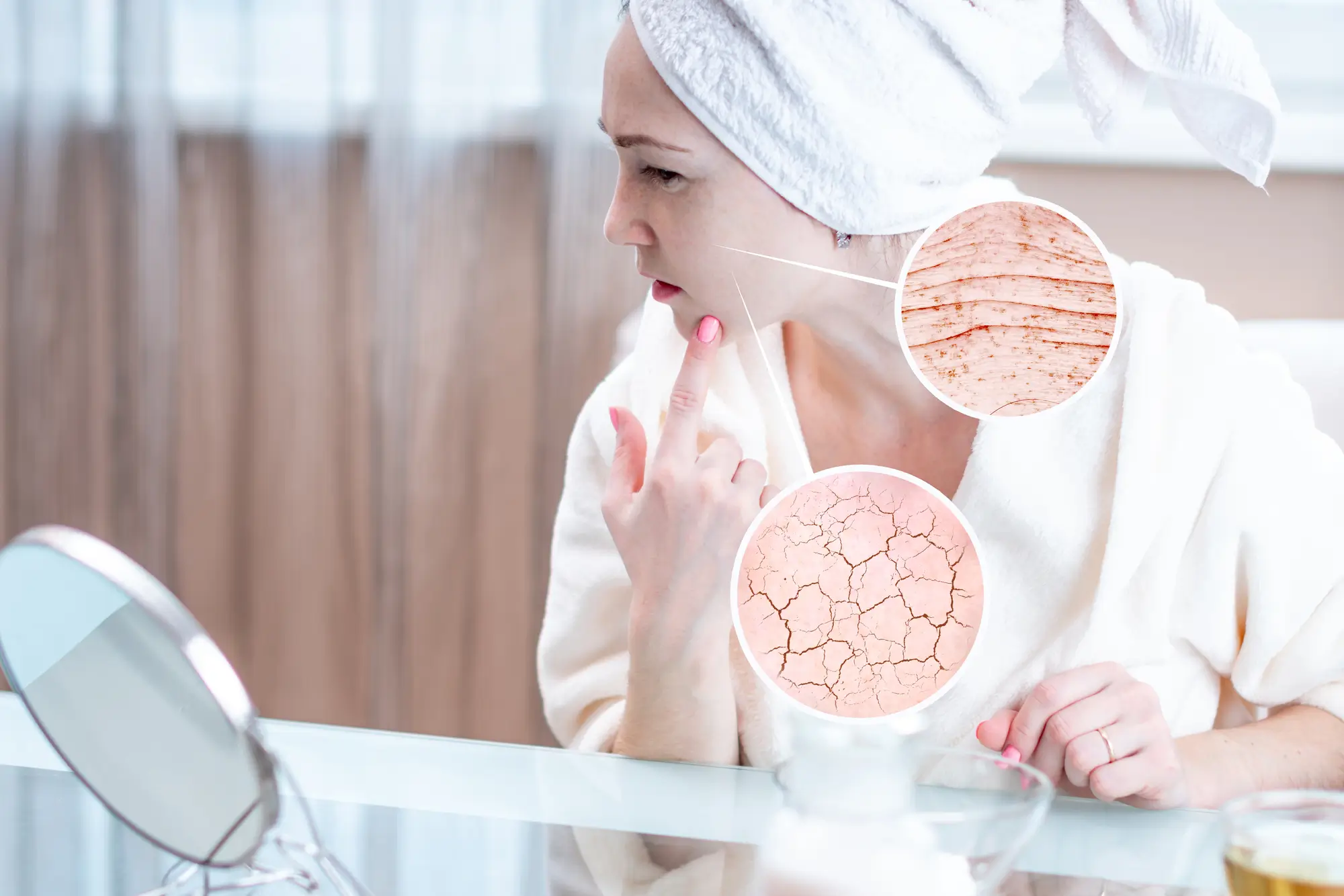 Nő problémás bőrrel, kinagyított bőrproblémák