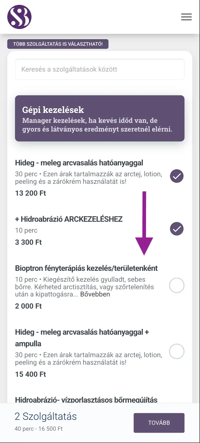 Salonci szolgáltatások kiválasztása tovább gombbal
